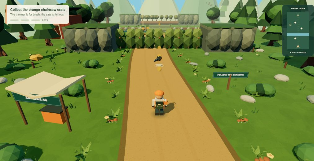 Timber Trail 3D woodland adventure with an orange-helmeted trail worker, bridges, and forest beacons